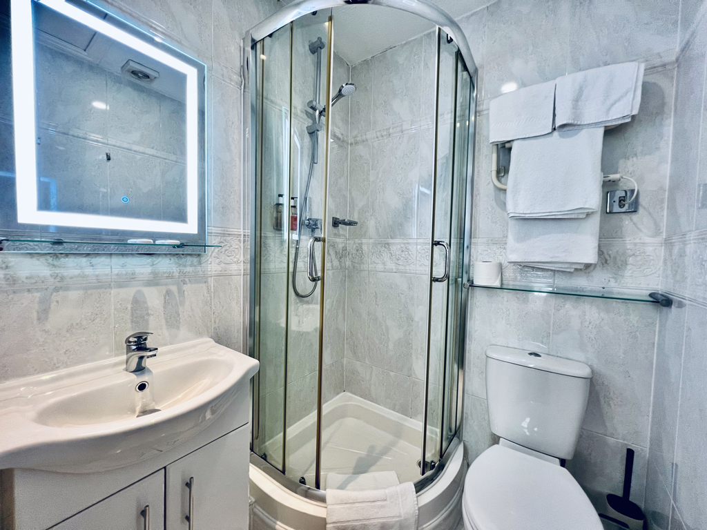 The interior of bathroom in a hotel.