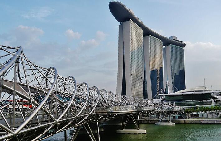 The helix bridge, a pedestrian bridge in Singapore, featuring distinctive helical stainless steel tubes.